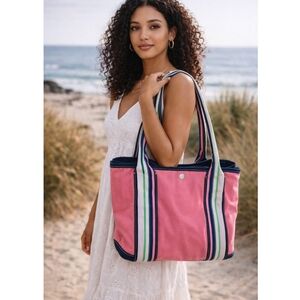J. Crew Pink Tote with Striped Handles